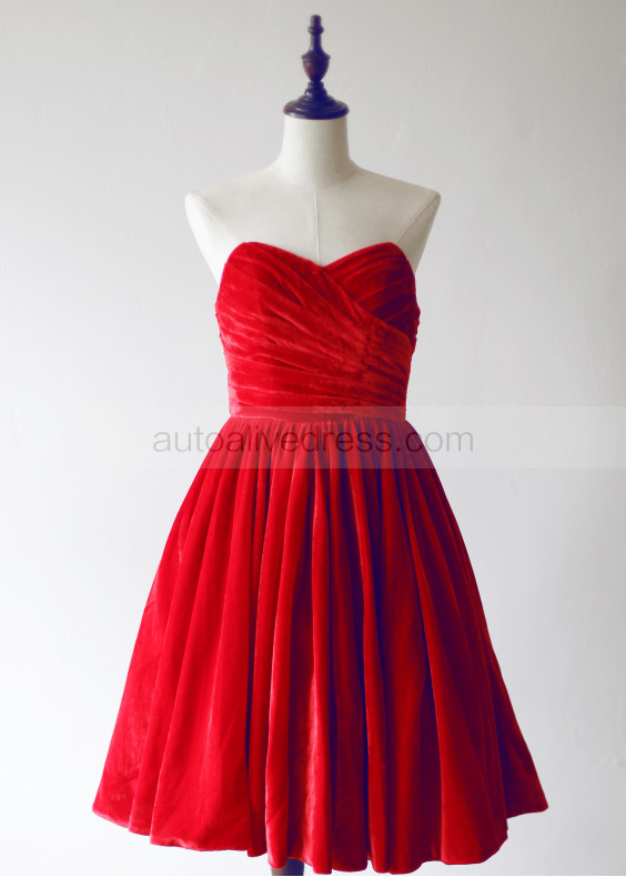 Red Pleats Velvet Short Prom Dress